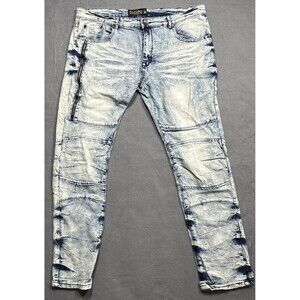 Demolition Jeans Men's Sz 38X31.5  Blue Y2K Faded Whisker Zipper Comfort Stretch